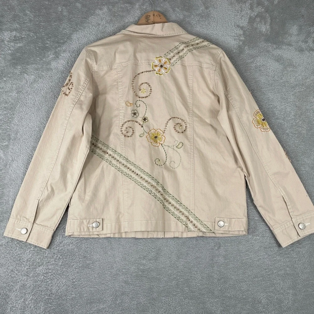 Graff Denim Jacket Womens Medium Tan Floral Embroidered Beaded Boho Art to Wear - Picture 2 of 8